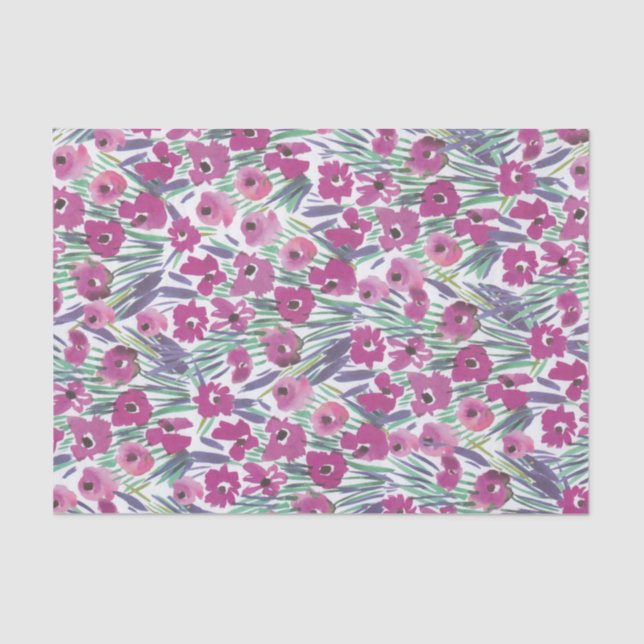 Papel De Seda Púrpura acuarela Poppy Floral collage de flores (Anverso)