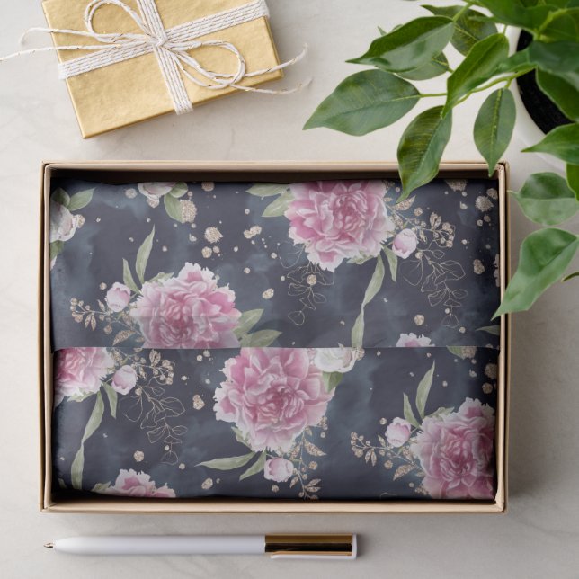 Papel De Seda Purpurina acuarela Floral azul rosa Glam (Regalo )