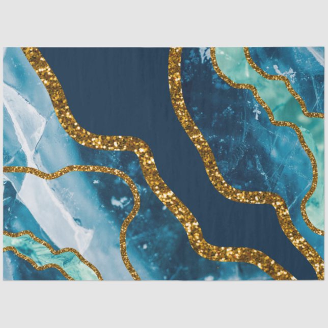 Papel De Seda Purpurina Geode de la Agate Azul y Oro (Anverso)