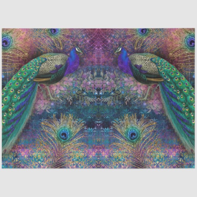 Papel De Seda Purpurina Peacocks Elegantes Feathers Decoupage Ro (Anverso)