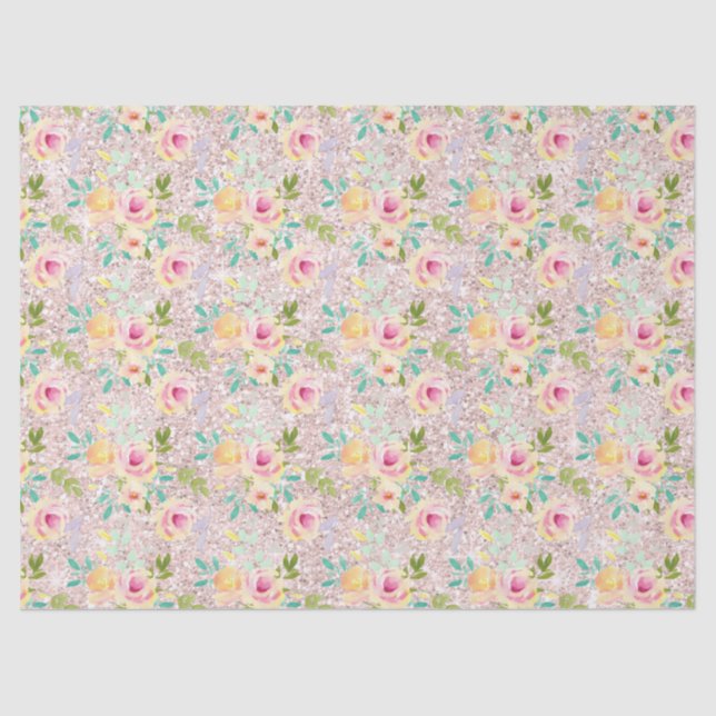 Papel De Seda Purpurina Rosa Rubor Faux Sparkle Floral Watercolo (Anverso)