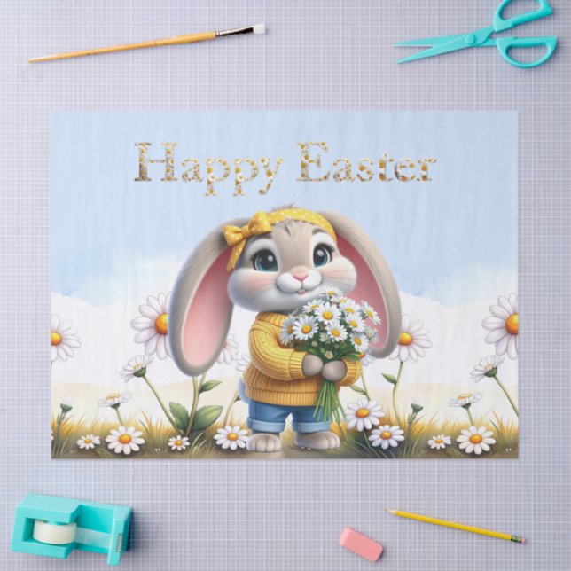 Papel De Seda Rabbit pink ears white daisies Happy Easter (Artesanía)