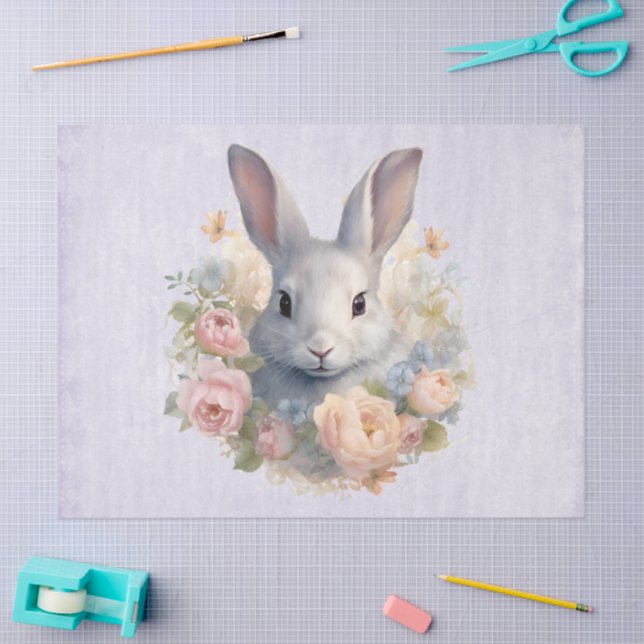 Papel De Seda Rabbit Surrounded by Pastel Flowers Cute (Artesanía)