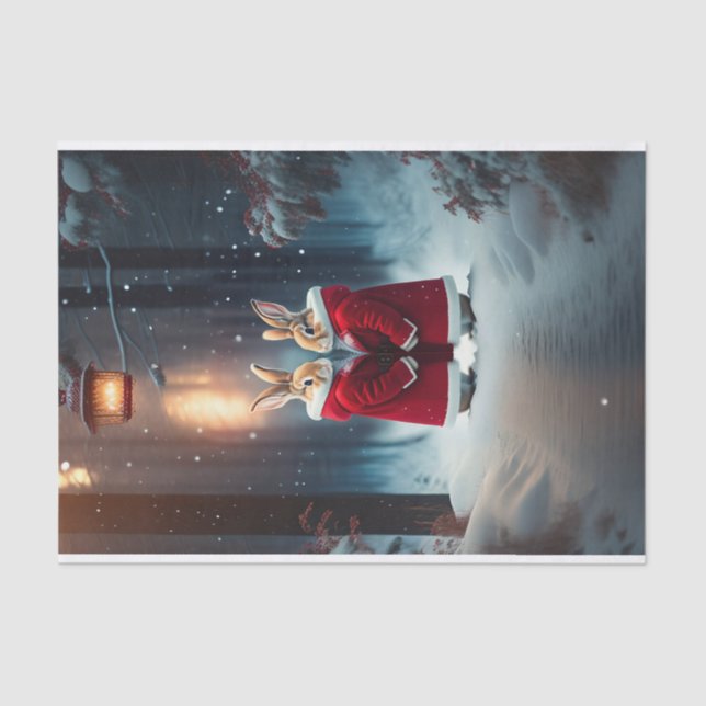 Papel De Seda Rabbits Abrigos rojos Nieve Ilustracion forestal (Anverso)