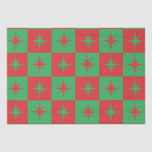 Papel De Seda Rafagas de estrellas retro de Navidad a cuadros ro