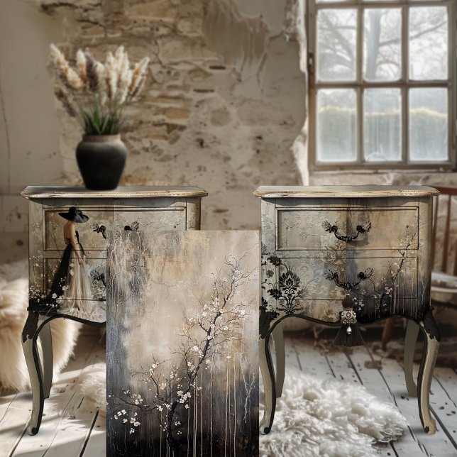 Papel De Seda Rama de árbol de flores blancas ramificación abstr (Black Tie, Elegant, Rustic, Floral Blossoms Moody Aesthetics, Decoupage Tissue Paper.)