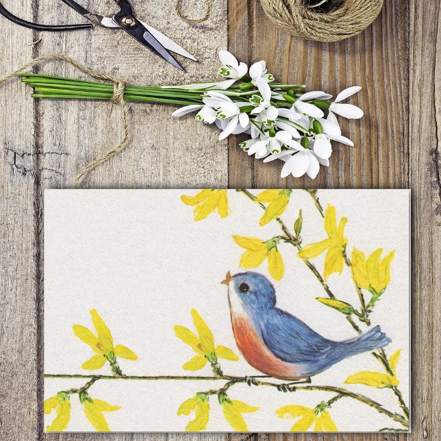 Papel De Seda Rama de árbol de pájaros azules canto (Cute singing blue red bird on branch yellow flowers on textured look white tissue wrap paper.)
