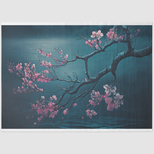 Papel De Seda Rama de flor de cerezo rosa, Chinoiserie (Anverso)