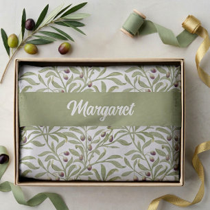 Papel De Seda Rama de Olivo Nombre Monograma Verde Salvia