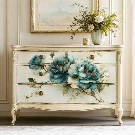 Papel De Seda Rama de Peonía Botánica Azul Turquesa Decoupage