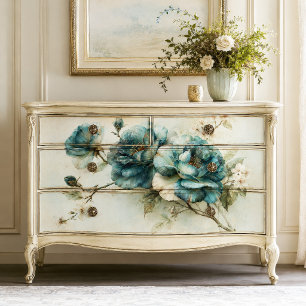 Papel De Seda Rama de Peonía Botánica Azul Turquesa Decoupage