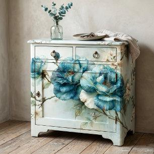 Papel De Seda Rama de Peonía Botánica Azul Turquesa Decoupage
