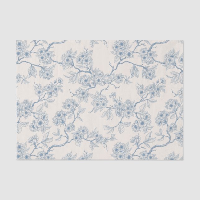 Papel De Seda Ramas de flor de cerezo en azul y blanco apagado (Anverso)