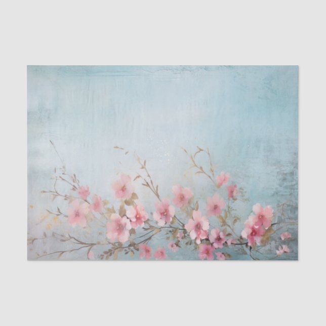 Papel De Seda Ramas de flores rosadas angustiadas sobre azul cla (Anverso)