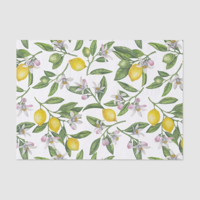 Papel De Seda Ramas de limón con flores y fruta en blanco (Anverso)