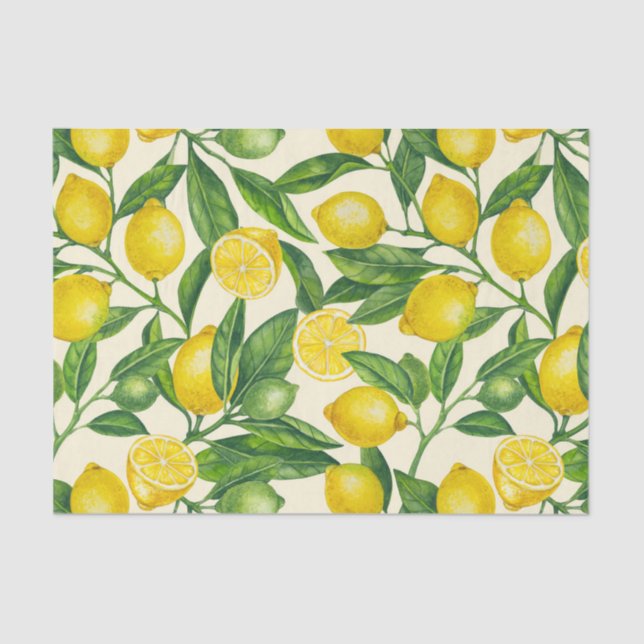 Papel De Seda Ramas de limón en verde y amarillo (Anverso)