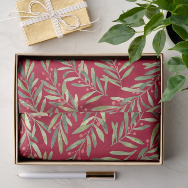 Papel De Seda Ramas de navidad y bayas en rojo (Regalo )