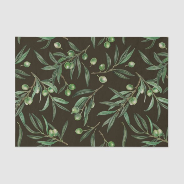 Papel De Seda Ramas de oliva acuarela en negro (Anverso)