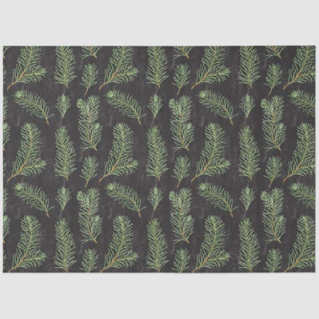 Papel De Seda Ramas de pino acuarela sobre fondo negro. (Anverso)