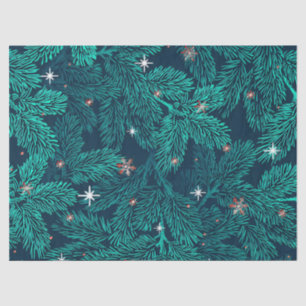 Papel De Seda Ramas de pino azul verdoso con copos de nieve blan