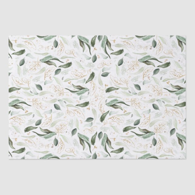 Papel De Seda Ramas elegantes de verde dorado blanco (Anverso)