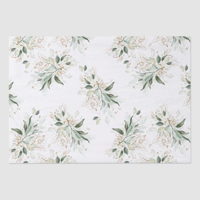 Papel De Seda Ramas elegantes de verde dorado blanco (Anverso)