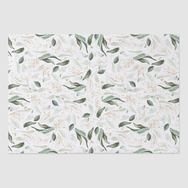 Papel De Seda Ramas Elegantes Verde Dorado Blanco (Anverso)