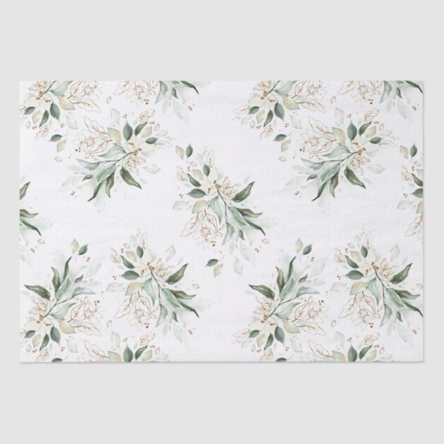 Papel De Seda Ramas verdes elegantes blancas doradas (Anverso)