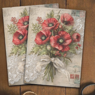 Papel De Seda Ramo de amapola roja carmesí vintage decoupage