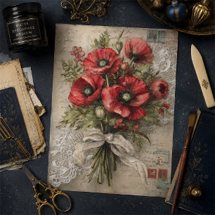 Papel De Seda Ramo de amapola roja carmesí vintage decoupage