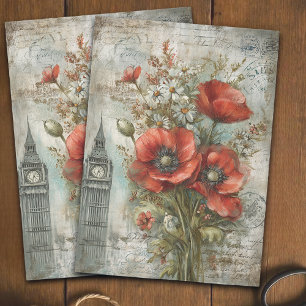 Papel De Seda Ramo de amapola roja vintage y margarita Decoupage