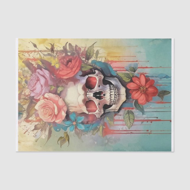 Papel De Seda Ramo de Amor Sangrante, Cráneo Gótico y Rosas (Anverso)