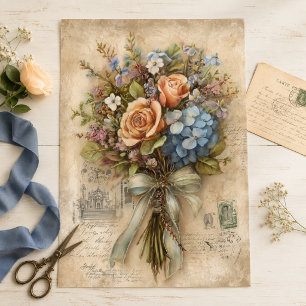 Papel De Seda Ramo de Hortensias y Rosas Vintage para Decoupage