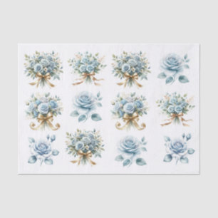 Papel De Seda Ramo de Rosa Azul Cinta Dorada Ephemera Decoupage