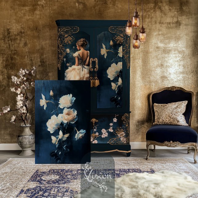 Papel De Seda Ramo de Rosa Blanca y Narciso con Fondo de Marina (Painted White Daffodil and Rose Romantic Floral Bouquet, Weathered Navy Background Tissue Paper)
