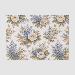 Papel De Seda Ramo Floral Azul Marfil Antiguo