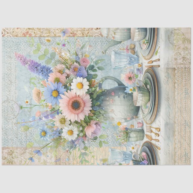 Papel De Seda Ramo pastel floral de té azul rosa Preppy (Anverso)