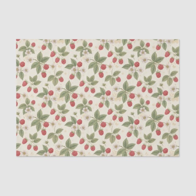 Papel De Seda Raspberry Fruit Bunches with Leaves and Blossom  (Anverso)