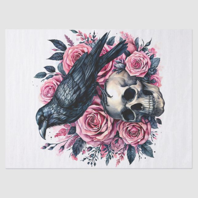 Papel De Seda Raven En El Cráneo Con Rosas Rosa (Anverso)