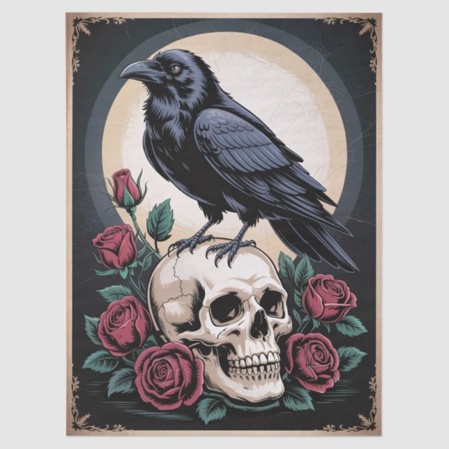Papel De Seda Raven gótico con calavera y Rosas desahuciados (Anverso)