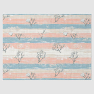 Papel De Seda Rayas Costeras Rústicas con Conchas y Coral
