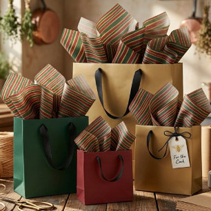Papel De Seda Rayas de caramelo de Navidad verdes rojas y dorada