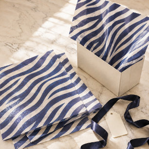 Papel De Seda Rayas de cebra azules marinas y crema brillantes