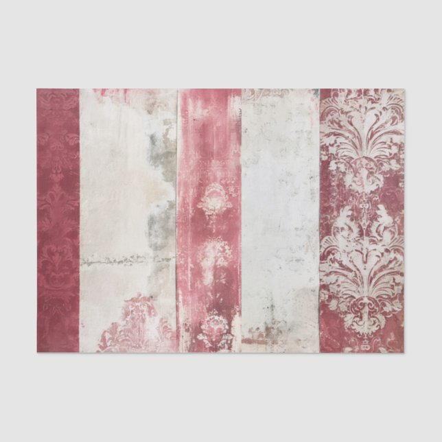 Papel De Seda Rayas de damasco rojas y blancas angustiadas (Anverso)