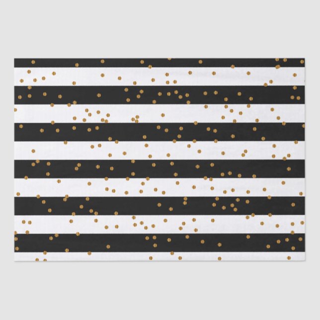Papel De Seda Rayas negras y blancas con confeti metálico del (Anverso)