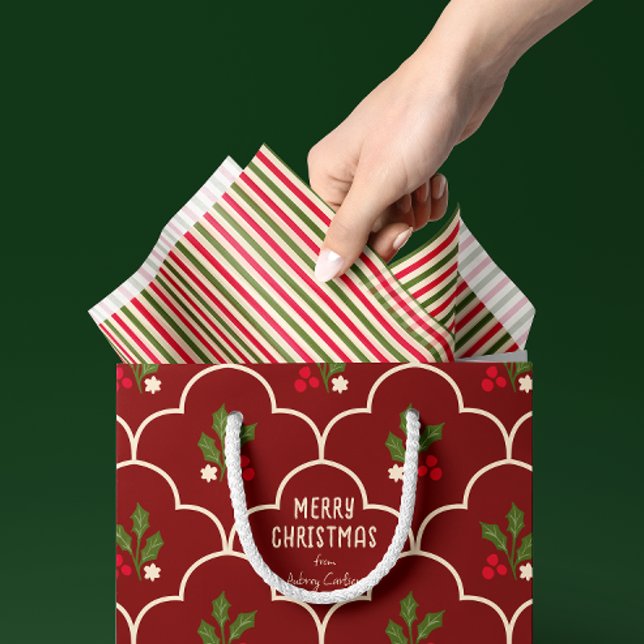 Papel De Seda Rayas rojas y verdes del bosque (Traditional Christmas style red, forest green, and ivory striped tissue paper for gift bags and more)