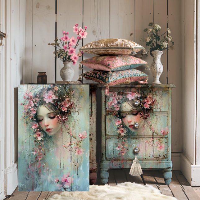 Papel De Seda Realismo abstracto rostro de mujer y flores de cer (Raindrops Abstract Realism Ethereal Portrait Feminine face & cherry blossom art for Decoupage)