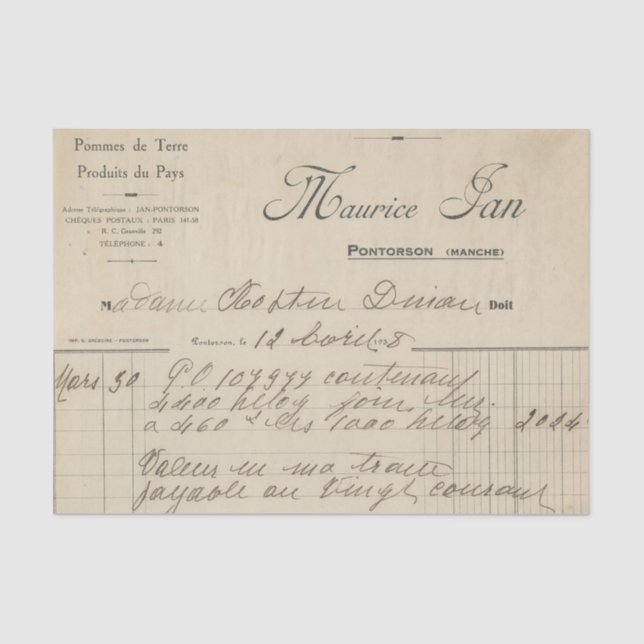 Papel De Seda Recibo francés vintage (Anverso)