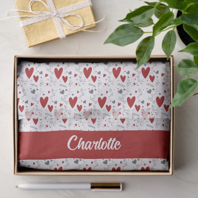 Papel De Seda Red and Black Hearts Custom Monogram Name (Regalo )