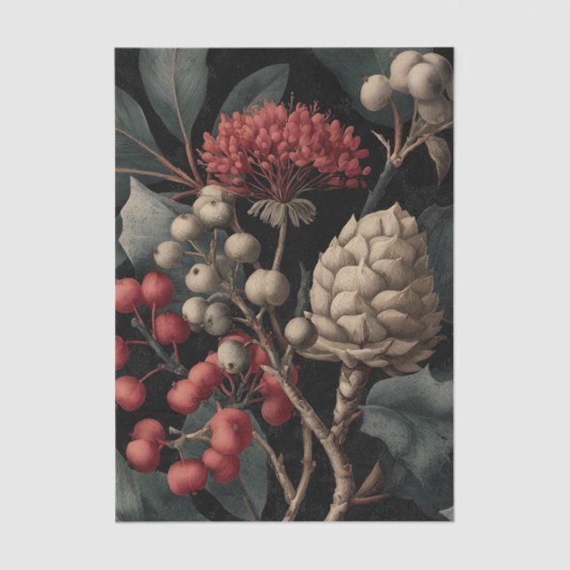 Papel De Seda Red Berries and Exotic Seed Pods on Black (Anverso)